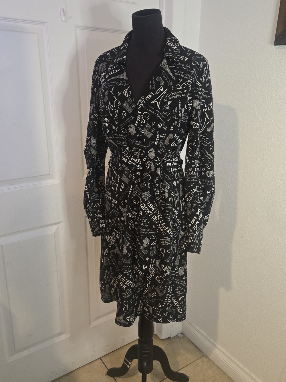 Karl Lagerfeld Black and White Script Print Wrap Dress